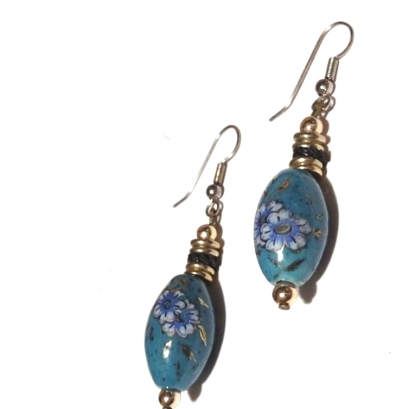 Jewelry - VINTAGE HAND PAINTED FLORAL TEAL LIGHT BULB DANGLE DROP HOOK EARRINGS